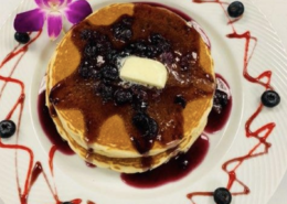 Beautiful Fluffy Pancakes with Fresh Blueberries and Syrup by Chef Manny at Buena Vista Kitchen