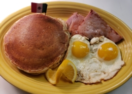 Pancakes Fried Eggs and Ham for breakfast at Buena Vista Kitchen